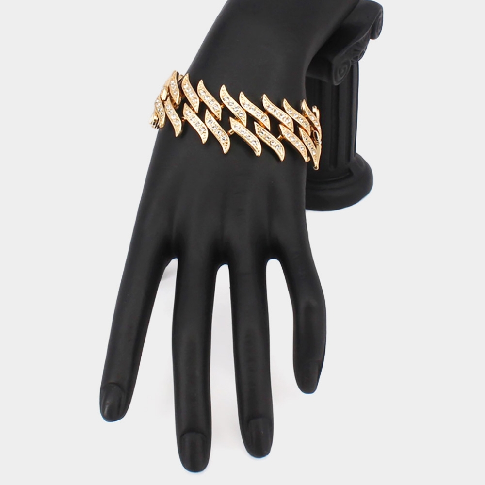 Gold Chunky Spiked Cuban Chain Link Bracelet Metal Thick Bold Crystal Jewelry